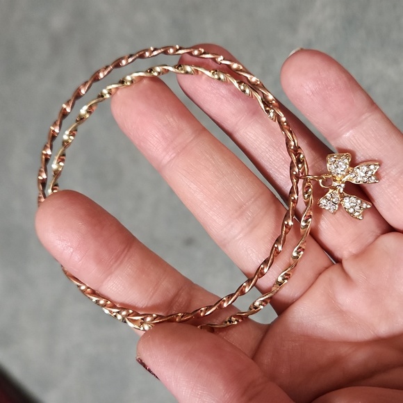 Gold twist bracelet pave cz bow charm rose gold twist bracelet and twist hoops - Picture 2 of 3